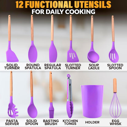 12-Piece Purple Kitchen Utensils Set with Holder – Heat-Resistant Silicone Cooking & Baking Tools, Gentle on Nonstick Pans, Easy to Clean, Stylish Kitchen Accessories - PuriLite