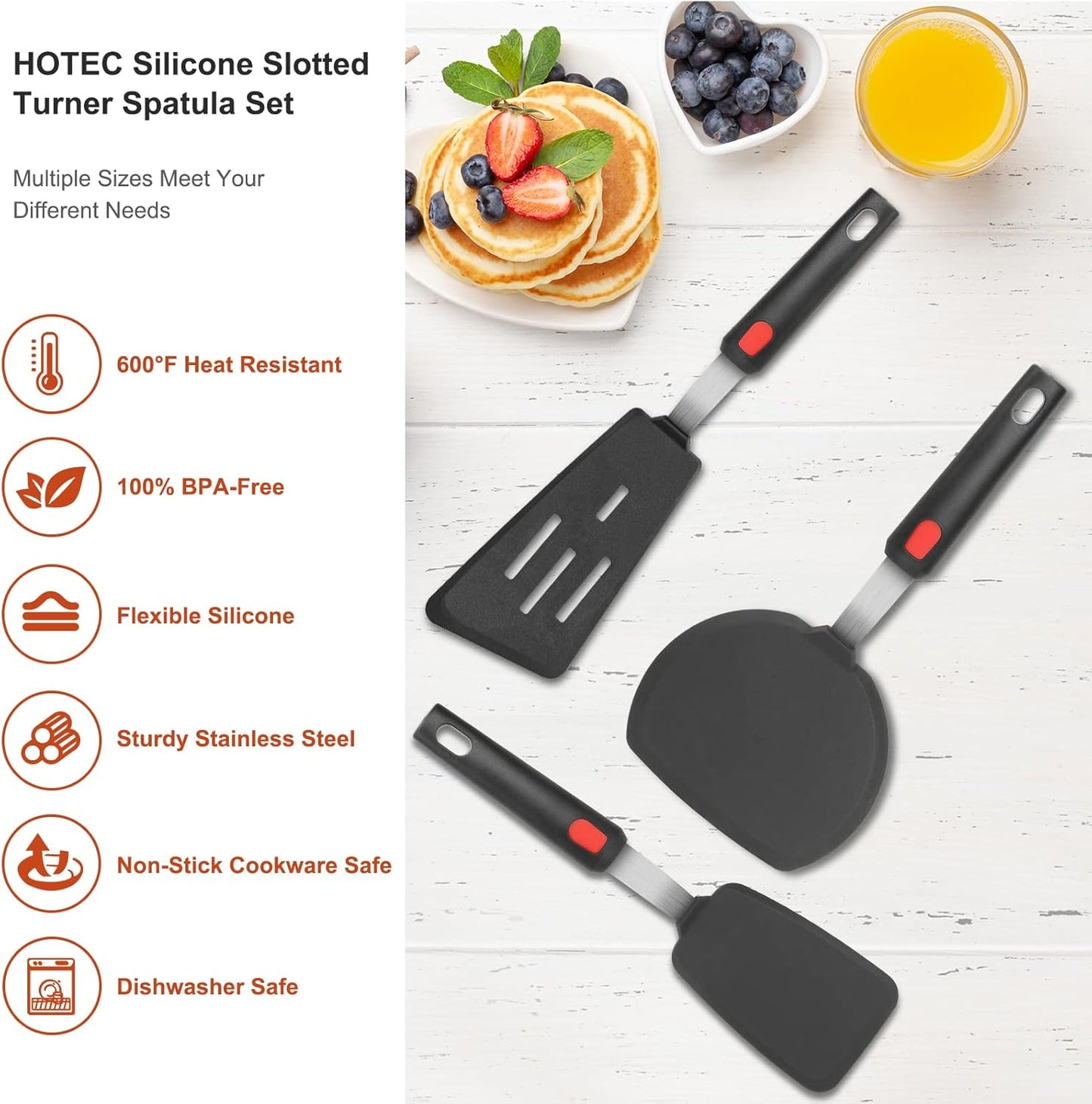 Hotec Silicone Spatula Turner for Nonstick Cookware, Flexible 600F Heat Resistant, Ideal for Flipping Eggs, Burgers, Pancakes, Crepes and More (3 Pack)