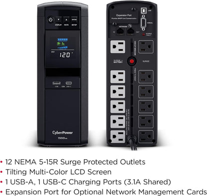 CyberPower CP1500PFCLCD PFC Sinewave UPS System, 1500VA/1000W, 12 Outlets, AVR, Mini Tower, Black