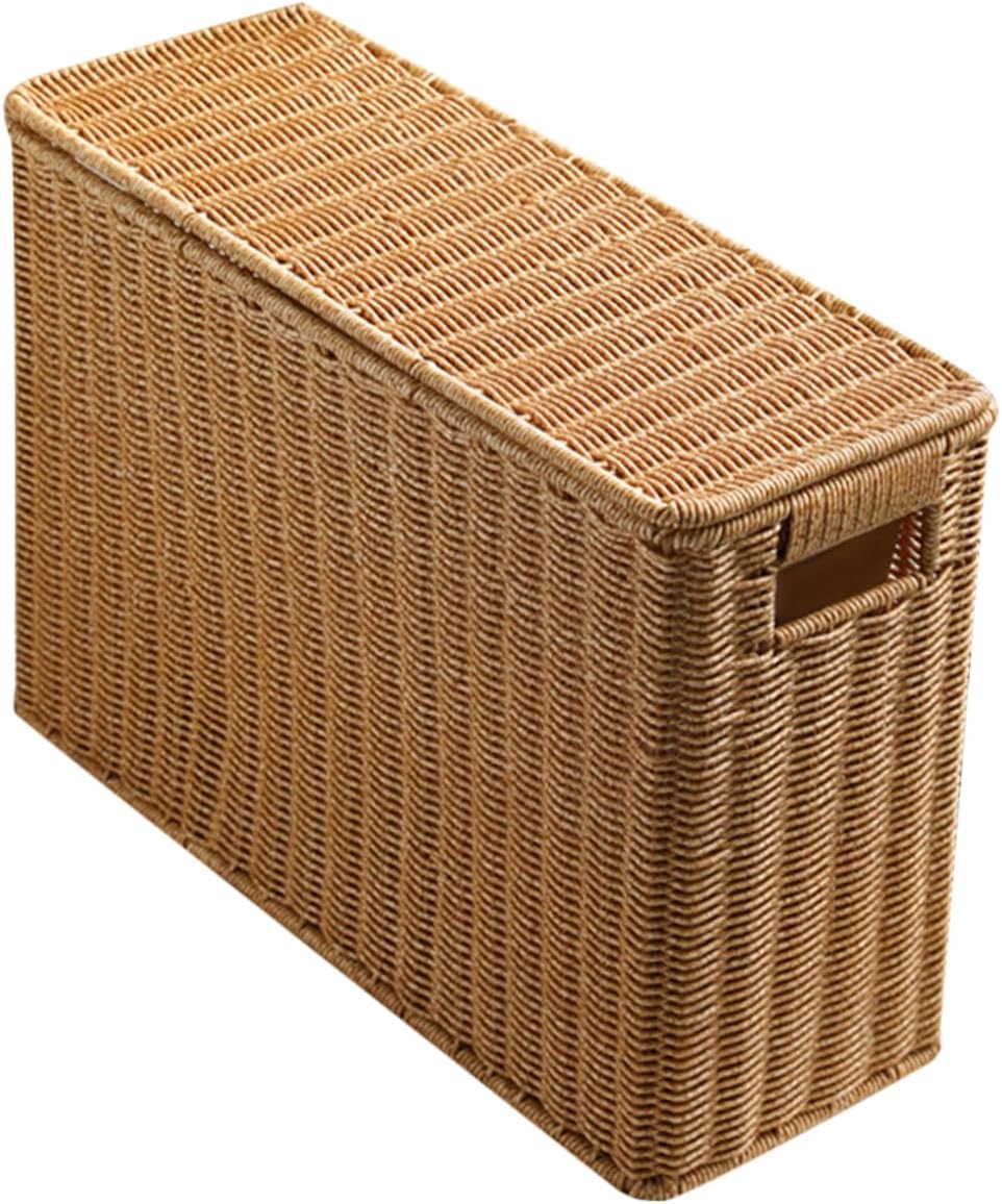 Narrow Wicker Storage Basket | Plastic Rattan Organizer | Rectangular Storage Box with Lid | Home Organization Basket | Lightweight Storage Container - PuriLite
