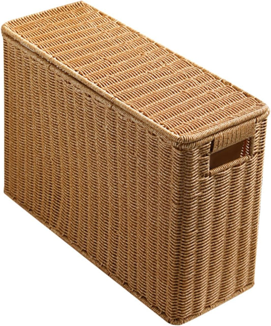 Narrow Wicker Storage Basket | Plastic Rattan Organizer | Rectangular Storage Box with Lid | Home Organization Basket | Lightweight Storage Container - PuriLite
