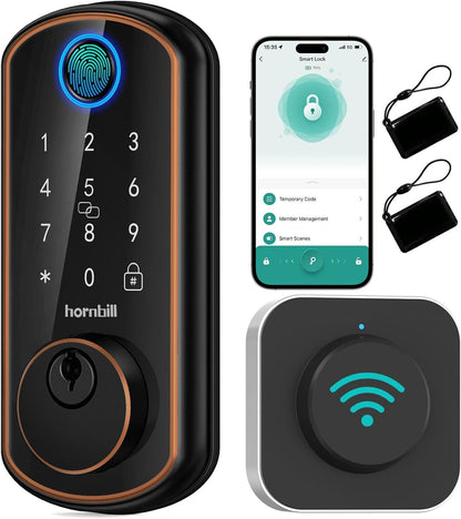 Hornbill Smart WiFi Front Door Lock: Keyless Entry Fingerprint Deadbolt - Alexa Bluetooth Electronic Keypad Door Locks for House Apartment Auto Lock Smart Life APP Remote Control - Black