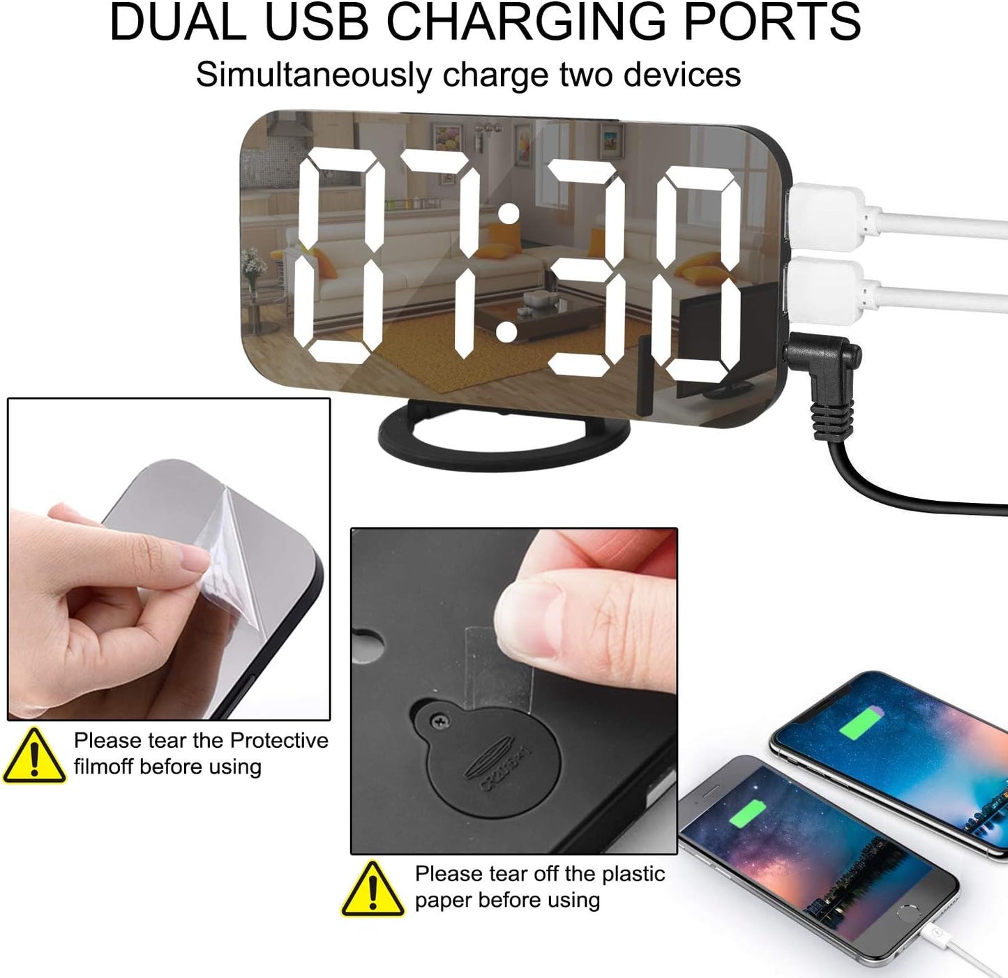 SZELAM Digital Clock Large Display, LED Alarm Electric Clocks Mirror Surface for Makeup with Diming Mode, 3 Levels Brightness, Dual USB Ports Modern Decoration for Home Bedroom Decor-Black