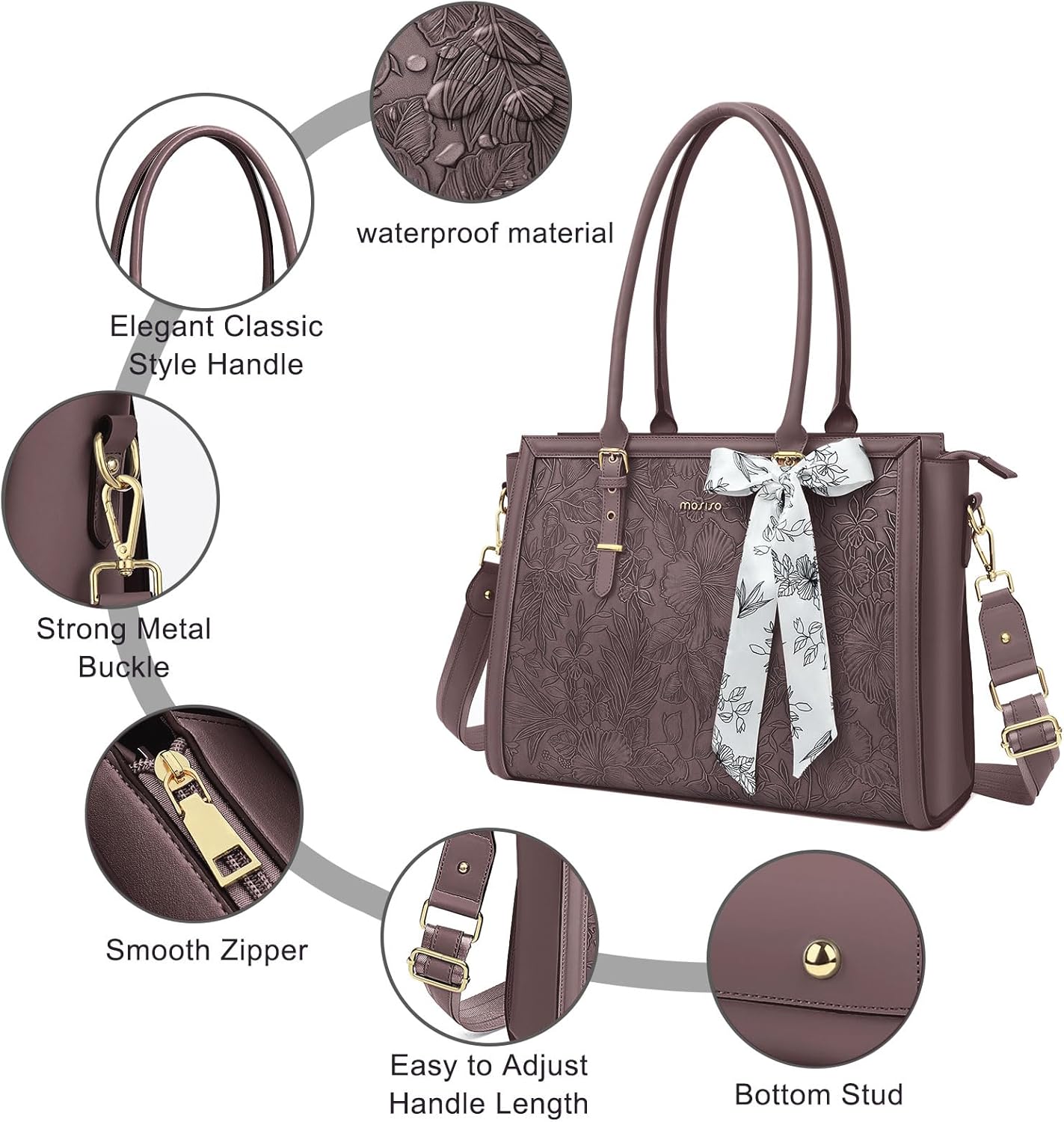 MOSISO Laptop Bag for Women, 17-17.3 inch PU Leathe Tote Bag Compatible with MacBook, HP, Dell, Asus Notebook, Front Embossed Retro Hibiscus Computer Bag with Silk Scarf&Clutch Purse, Gray - PuriLite