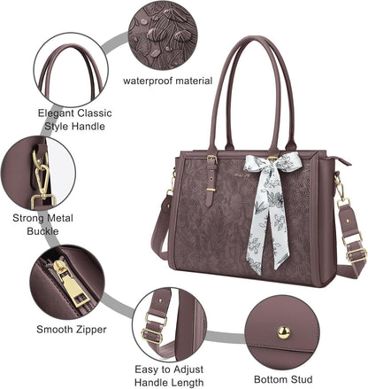 MOSISO Laptop Bag for Women, 17-17.3 inch PU Leathe Tote Bag Compatible with MacBook, HP, Dell, Asus Notebook, Front Embossed Retro Hibiscus Computer Bag with Silk Scarf&Clutch Purse, Gray - PuriLite