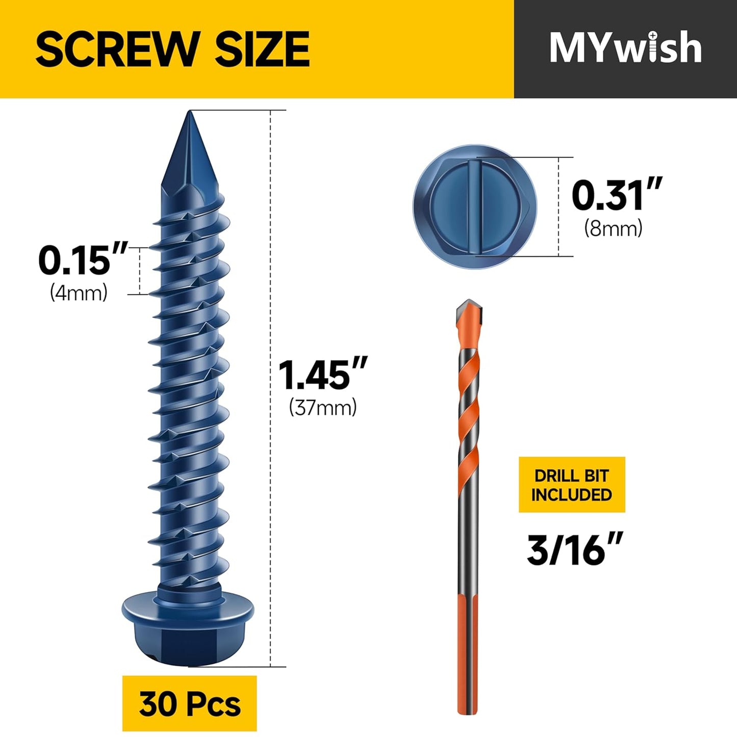 Mywish 30Pcs 1/4 x 1-3/4" Concrete Screws, Slotted Hex Washer Head Stucco Screws Anchor Kit with 3/16 Drill Bit, Masonry Screws Self Tapping for Anchoring to Masonry, Block or Brick Stucco