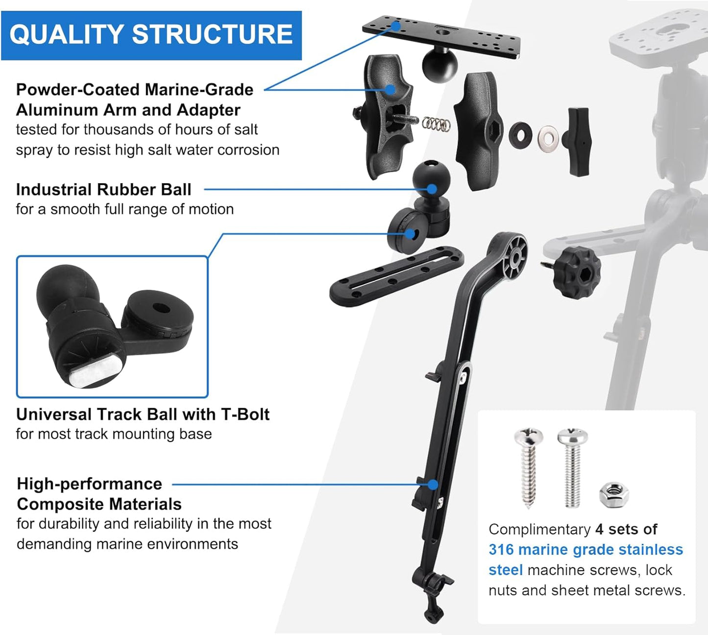 WINDFRD 1.5" Ball Kayak Fish Finder Mount with Transducer Mounting Arm, Marine Electronic Mount Plate with Low Profile Track, Compatible with RAM Mounts, Scotty, Lowrance, Garmin