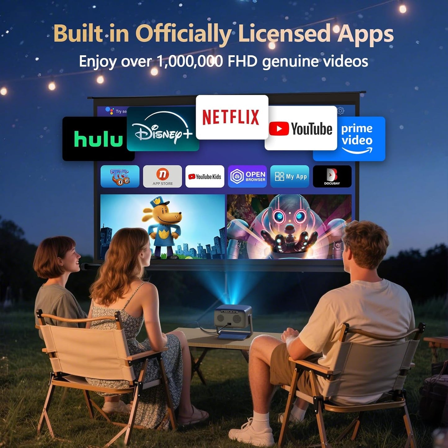 4K-Projector [1500 ANSI/Official-NetfIix/360°Stand] Outdoor Projector with WiFi 6 and Bluetooth, Auto Focus, Auto Keystone Smart Proyector Native 1080P Support 36W DoIby Audio 500'' Display HDR 10+
