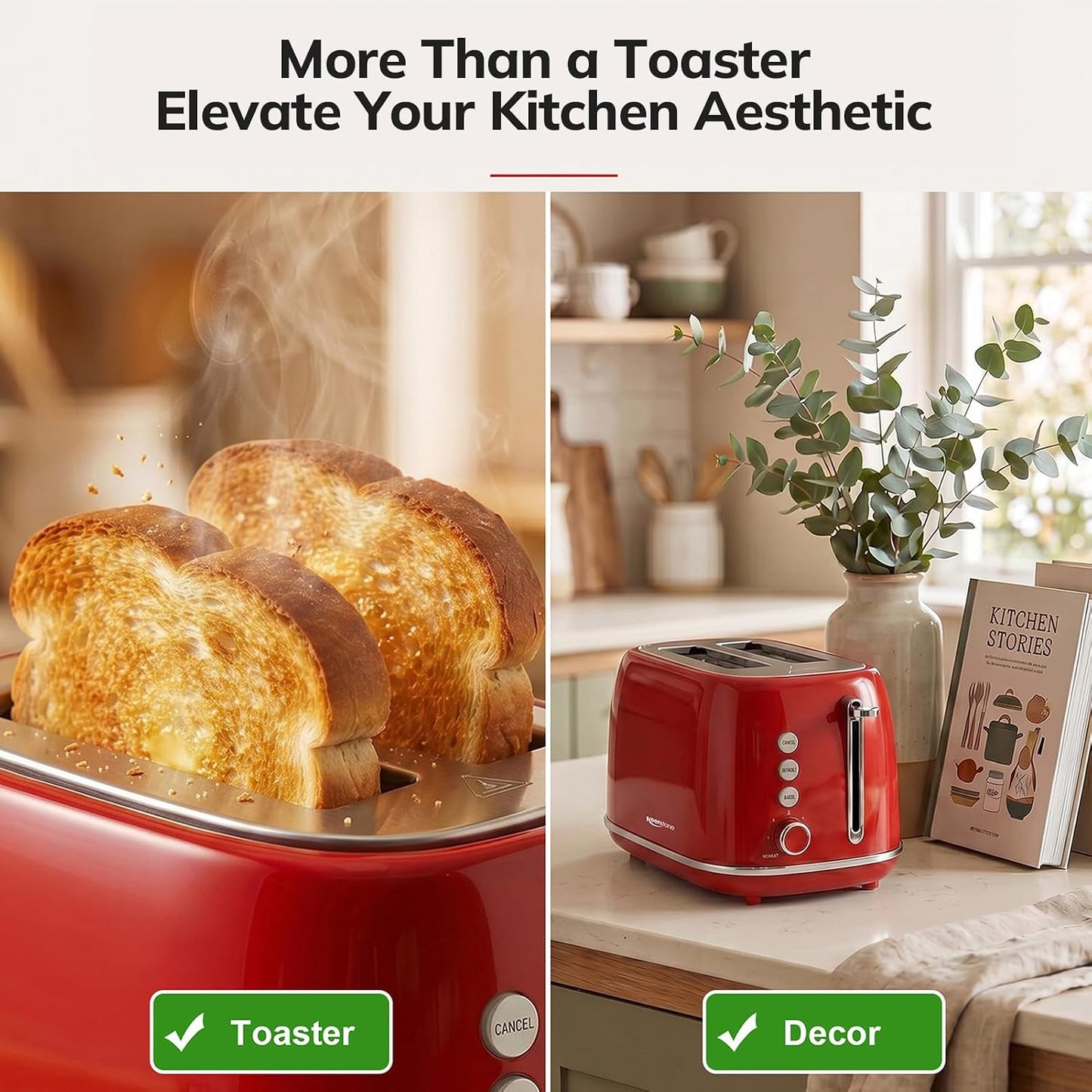 Toaster 2 Slice Stainless Steel Toaster Retro with 6 Bread Shade Settings, Bagel, Cancel, Defrost Function, 2 Slice Toaster with Extra Wide Slot, Removable Crumb Tray, Red