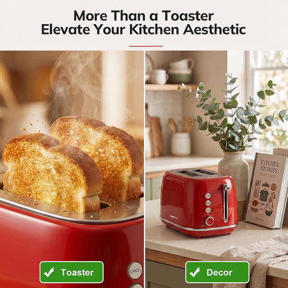 Toaster 2 Slice Stainless Steel Toaster Retro with 6 Bread Shade Settings, Bagel, Cancel, Defrost Function, 2 Slice Toaster with Extra Wide Slot, Removable Crumb Tray, Red