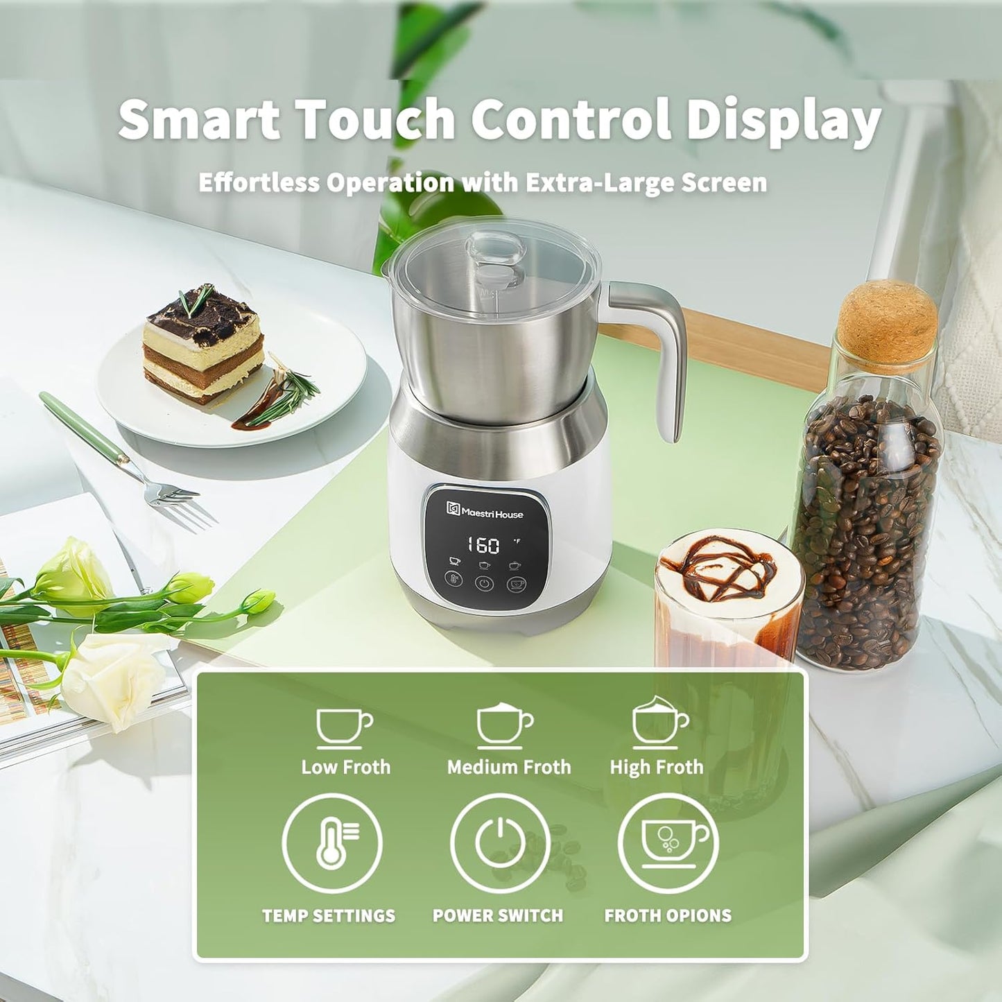 Maestri House Milk Frother, Variable Temp and Froth Thickness Milk Frother and Steamer, 21OZ/600ML Smart Touch Control Milk Warmer, Dishwasher Safe, Memory Function for Latte Cappuccino (White)