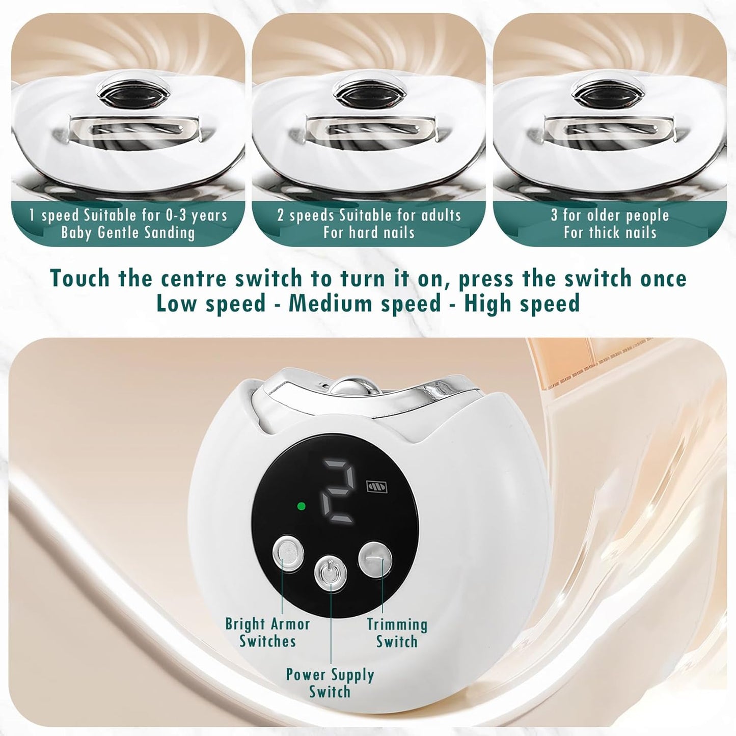 OneNine Electric Nail Clipper, Automatic Nail Trimmer with LED Light & 3 Speeds with Nail Scraps Storage, USB Rechargeable Safety Fingernail Trimmer for Baby, Children, Kids, Adult, Seniors (Champagne)