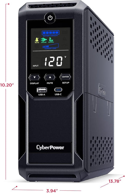 CyberPower CP1500AVRLCD3 Intelligent LCD UPS System, 1500VA/900W, 12 Outlets, 2 USB Ports, AVR, Mini Tower, Black