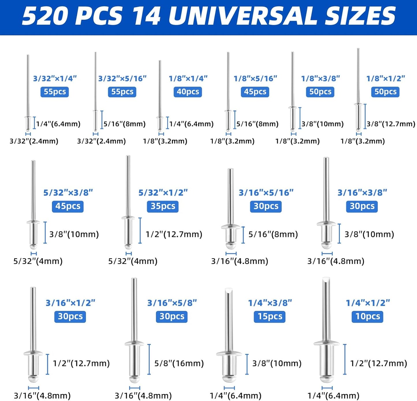 Besitu 210Pcs Pop Rivets Assortment Kit, 1/8" 3/16" 1/4" Large Flange Solid Rivets Set Aluminum Grip Stainless Steel Mandrel Blind Rivets for Metal Heavy Duty