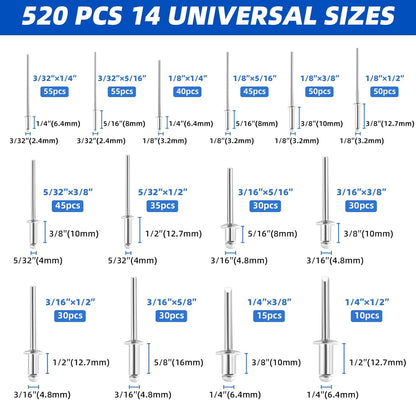 Besitu 210Pcs Pop Rivets Assortment Kit, 1/8" 3/16" 1/4" Large Flange Solid Rivets Set Aluminum Grip Stainless Steel Mandrel Blind Rivets for Metal Heavy Duty