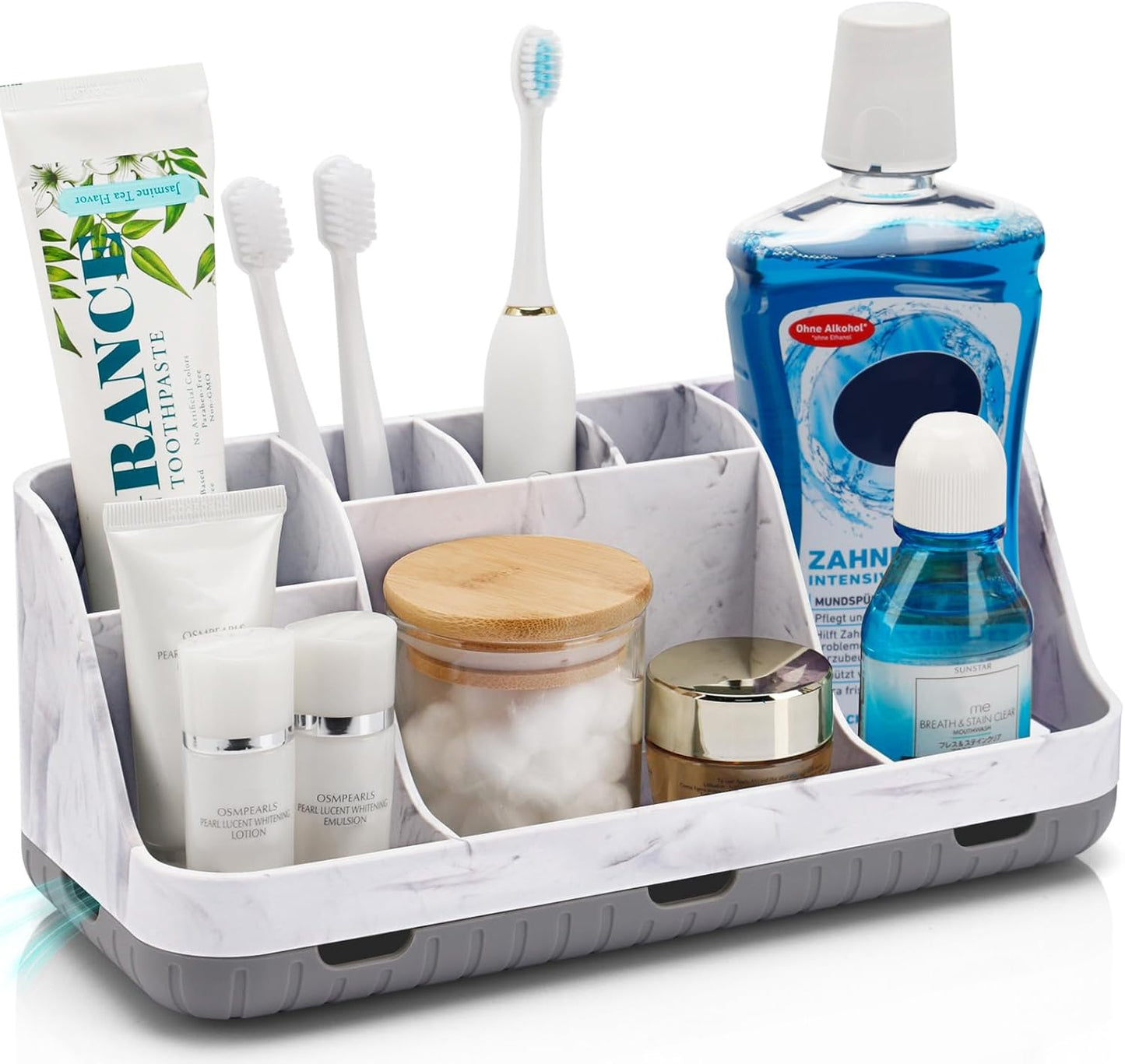 Marble Grey Bathroom Countertop Organizer with 7 Slots, Detachable Electric Toothbrush and Toothpaste Holder with Drainage - PuriLite