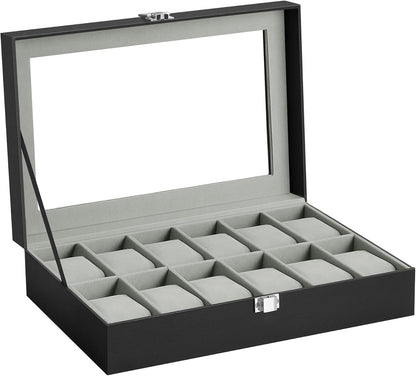 SONGMICS Watch Box, 6-Slot Watch Case, Watch Box Organizer, Black Synthetic Leather, Greenish Gray Lining UJWB06BK