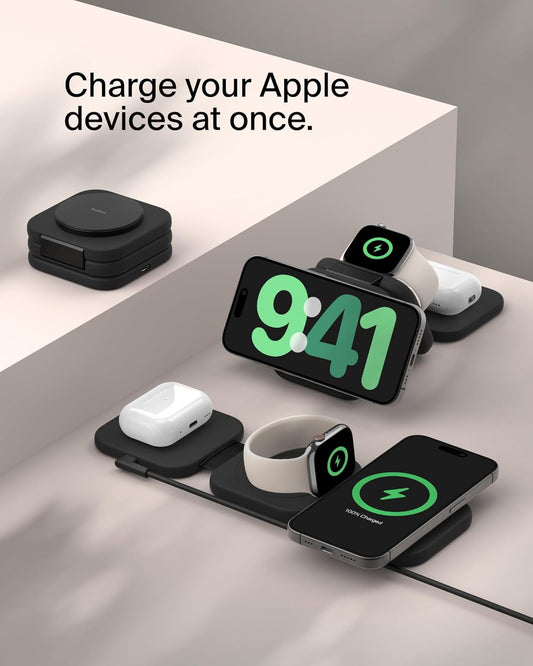 Belkin MagSafe Charger Compatible 3-in-1 Magnetic Charging Travel Pad 15W-BoostCharge Pro Foldable Qi2-Certified Wireless Charger, MagSafe-Compatible Charger for iPhone 16 Series, Apple Watch, AirPods - PuriLite