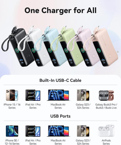 INIU 3-in-1 Power Bank, 30W 10000mAh Fast Charging Portable Charger, Built-in USB C Cable and Foldable AC Plug, Travel Outdoor Essentials Powerbank, Battery Pack for iPhone 16 15 Samsung S25 S24 etc