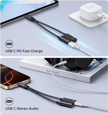 UGREEN Audio Adapter USB C Splitter 1 in 2 Out Dual USB C Headphone and Charger Magnetic Type C with PD 60W Fast Charging Dongle Cable for iPhone 16 Pro Max, Galaxy S25 Ultra, Pixel 9, iPad Pro/Air