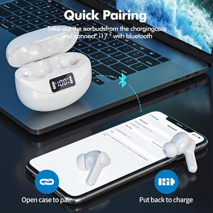 Wireless Earbuds, Bluetooth Headphones 5.3 HiFi Stereo, Wireless Earphones with ENC Noise Cancelling Mic, LED Digital Display in Ear Buds for Gym/Workouts