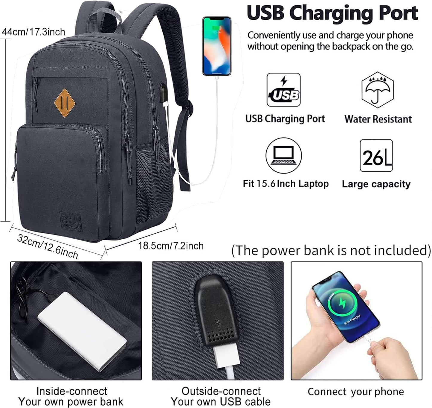 KEOFID classic carry-on travel backpack for men and women, Anti theft laptop backpack with USB charging port, large backpack for college(dark black）