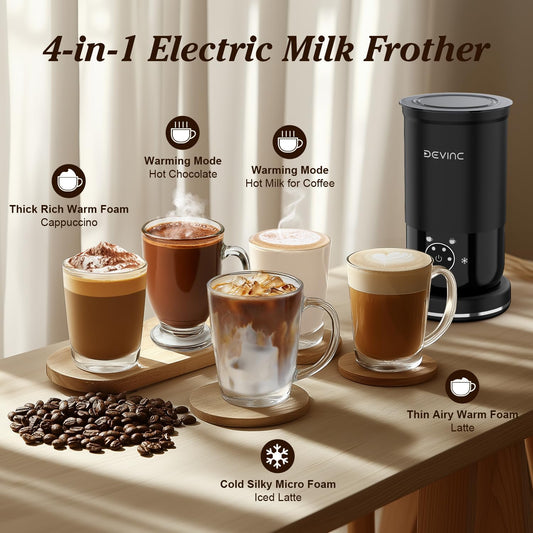 DEVINC Milk Frother, 4-in-1 Milk Frother and Steamer, Hot and Cold Foam Maker and Milk Warmer with Auto Shut-Off, Electric Frother for Coffee, Latte, Cappuccino, Matcha - PuriLite