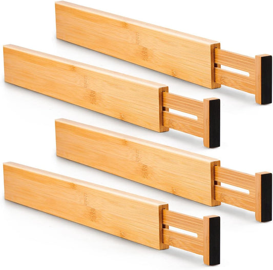 Utoplike 4 Pack Bamboo Kitchen Drawer Dividers,Adjustable Drawer Organizers | Spring Loaded, Works in Kitchen,Dresser, Bathroom, Bedroom, Drawer, Desk