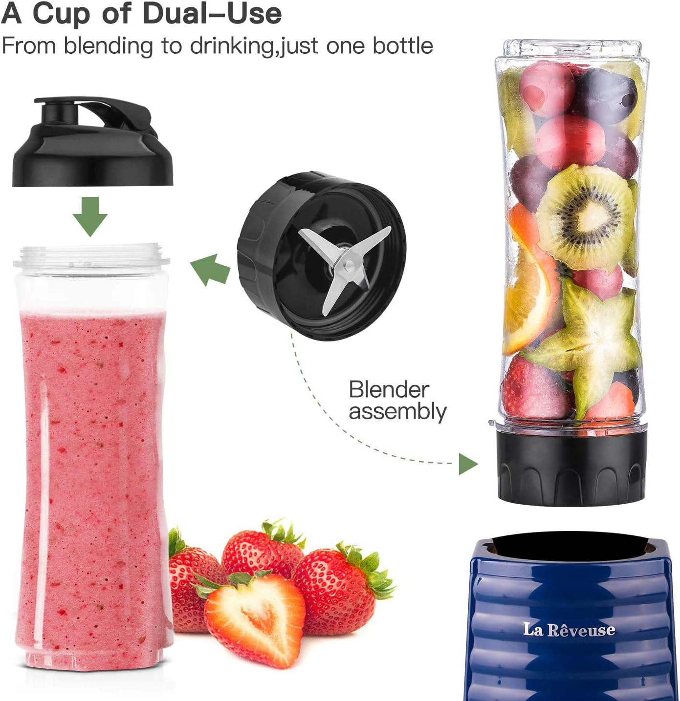 La Reveuse Smoothie Blender Personal Size 300 Watts with 2 Pieces 18 oz BPA-Free Travel Sports Bottles,Grey
