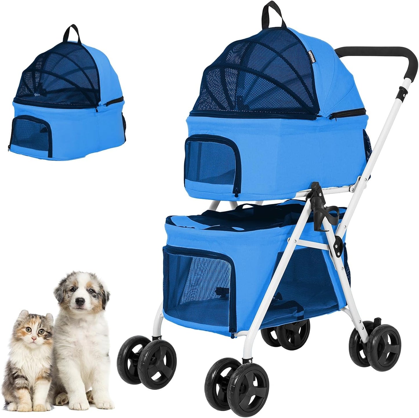 Double Pet Stroller with Detachable Carrier for Medium Small Dogs and Cats, Foldable 3-in-1 Cat Stroller with 4 Wheels Lightweight for 2 Dogs or Cats Light Blue