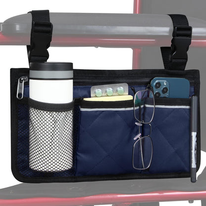 Wheelchair Side Bag, Wheelchair Armrest Storage Pouch with Cup Holder and Reflective Strip for Wheelchairs, Walkers or Rollators (Black)