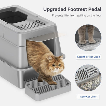 Stainless Steel Litter Box with Lid, XL Extra Large Enclosed Cat Litter Box for Big Cats 110° Flip Cover, Top Entry Metal High Sided Litter Box & Pedal & Scoop, Anti-Leakage (Grey)