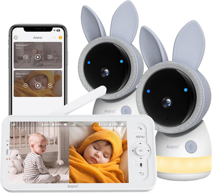 Arenti Baby Monitor 2 Cameras, 2K Smart Baby Camera 2PC with 5-Inch Upgraded Wireless Display 1PC, Super Night Vision, Lullabies, Cry & Motion Detection, Temp & Humidity Sensor, Two Way Audio, ‎Wifi 6
