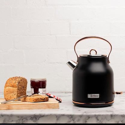 Haden 75041 Heritage 1.7 Liter (7 Cup) Stainless Steel Electric Kettle with Auto Shut-Off and Boil Dry Protection, Black/Copper