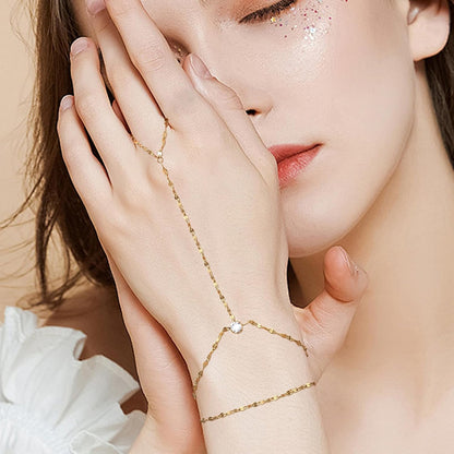 Hand Chain Ring Bracelet For Women, 14k Gold Plated Dainty Cubic Zirconia Minimalist Finger Ring Bracelet, Trendy Stuff Jewelry Gifts To Wife Girfriend Daughter Sister BBF, 17.5cm/7.5cm