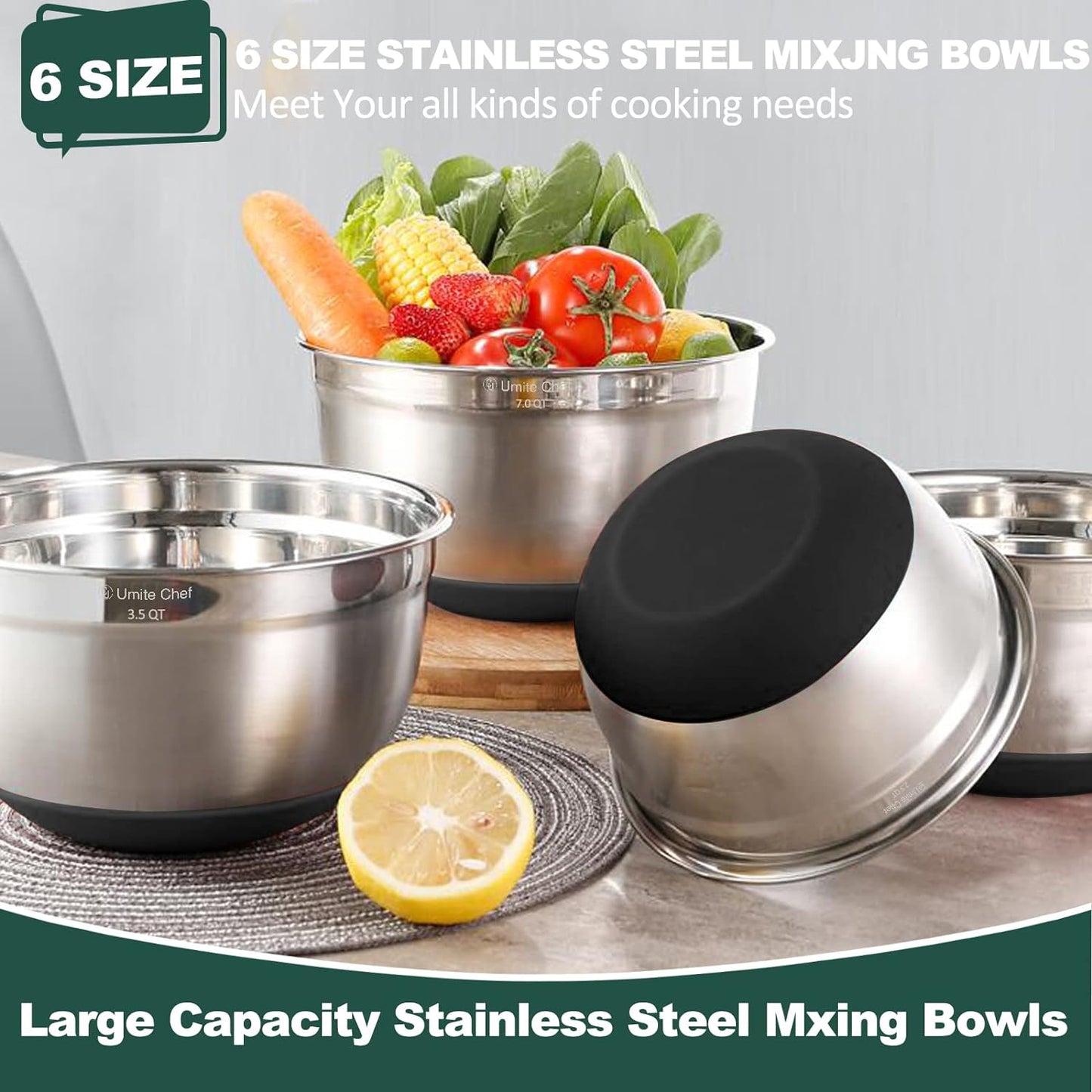 Mixing Bowls with Airtight Lids，6 Piece Stainless Steel Metal Nesting Storage Bowls by Umite Chef, Non-Slip Bottoms Size 7, 3.5, 2.5, 2.0,1.5, 1QT, Great for Mixing & Serving(Black)