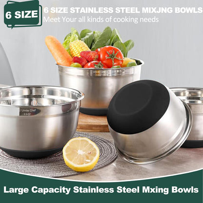 Mixing Bowls with Airtight Lids，6 Piece Stainless Steel Metal Nesting Storage Bowls by Umite Chef, Non-Slip Bottoms Size 7, 3.5, 2.5, 2.0,1.5, 1QT, Great for Mixing & Serving(Black)