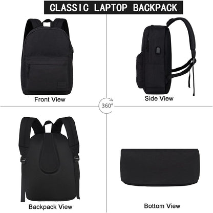 SUPACOOL Casual Laptop Backpack with USB Charging Port for Men and Women, School Bookbag for College, Lightweight Pack Back(Dark Black)