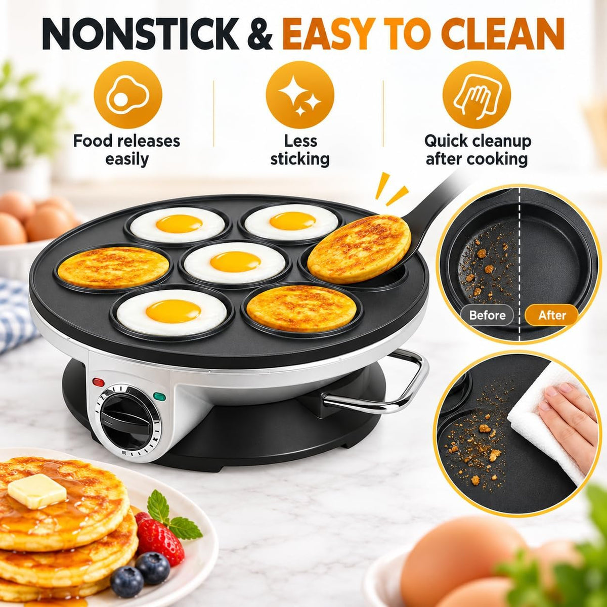 Omelette Pan, 7-Hole Electric Skillet, 3-Level Heat for Eggs & Burgers egg frying machine breakfast griddle mini burger maker pancake cooker divided skillet non stick countertop kitchen appliance