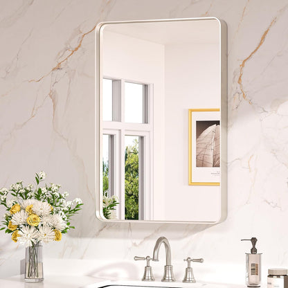 Keonjinn 42 x 36 Brushed Nickel Bathroom Vanity Mirror, Large Rounded Rectangle Bathroom Mirrors for over Sink, Metal Framed Silver Mirror for Wall, Shatterproof HD Tempered Glass(Horizontal/Vertical)
