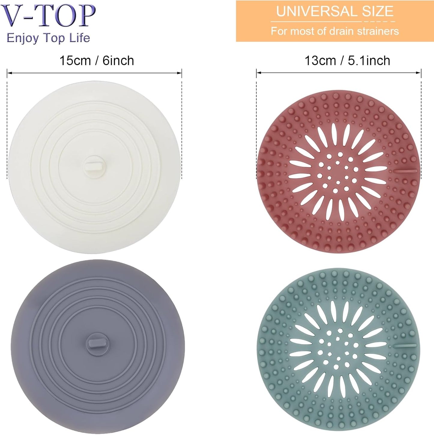 V-TOP Tub Stopper 2 Pack, 6 inches Large Silicone Drain Plug Hair Stopper Flat Suction Cover for Kitchen Bathroom Accessories and Laundry