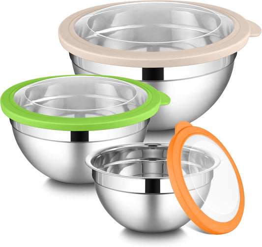 LIANYU Mixing Bowls with Lid Sets of 3, Large & Small Stainless Steel Metal Salad Mixing Bowls, 1.5 & 3 & 4.6QT Sizes for Kitchen Cooking, Baking, Storage, Food Prepping, Serving, Three-Color