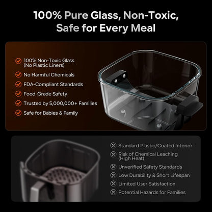 Glass Air Fryer Non Toxic, 6.3QT & 4.4QT Air Fryer with Dual Glass Baskets with Lids, 8-in-1 Portable Air Fryers Cristal, PFOA & PFAS-Free, Dishwasher Safe, Crispy Family Meals