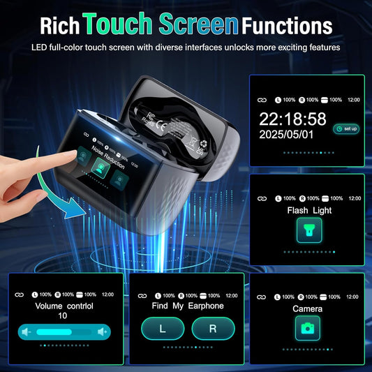 Wireless Earbuds, 2025 New Bluetooth 5.4 Ear Buds with Multifunctional Touch Screen, Bass Stereo Sound, ANC/ENC Noise-Canceling MIC, IPX7 Waterproof, 48H Bluetooth Earphones with 5 EQ Modes, Black - PuriLite