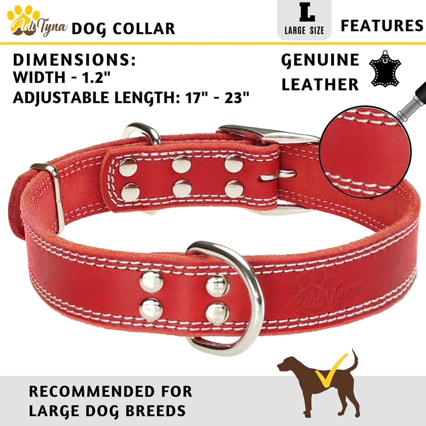 ADITYNA Heavy-Duty Leather Dog Collar for Medium Dogs - Soft and Strong, 100% Genuine Leather - Collier Pour Chien (Medium: Fit 13" - 20" Neck, Brown)