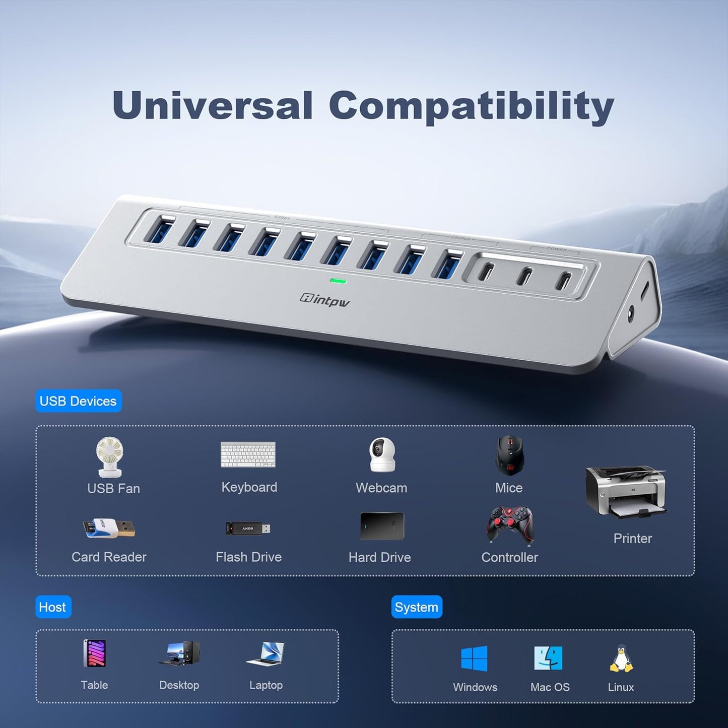 Powered USB Hub, Intpw 9-Port USB 3.2/USB C Hub with 10Gbps, 5*USB 3.0 + 45W PD Charging Ports, 3.3FT Cable and 65W Power Adapter, Aluminum USB Extender Hub for iphone16/ipad/Macbook/Laptop,PC