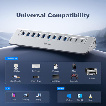 Powered USB Hub, Intpw 9-Port USB 3.2/USB C Hub with 10Gbps, 5*USB 3.0 + 45W PD Charging Ports, 3.3FT Cable and 65W Power Adapter, Aluminum USB Extender Hub for iphone16/ipad/Macbook/Laptop,PC