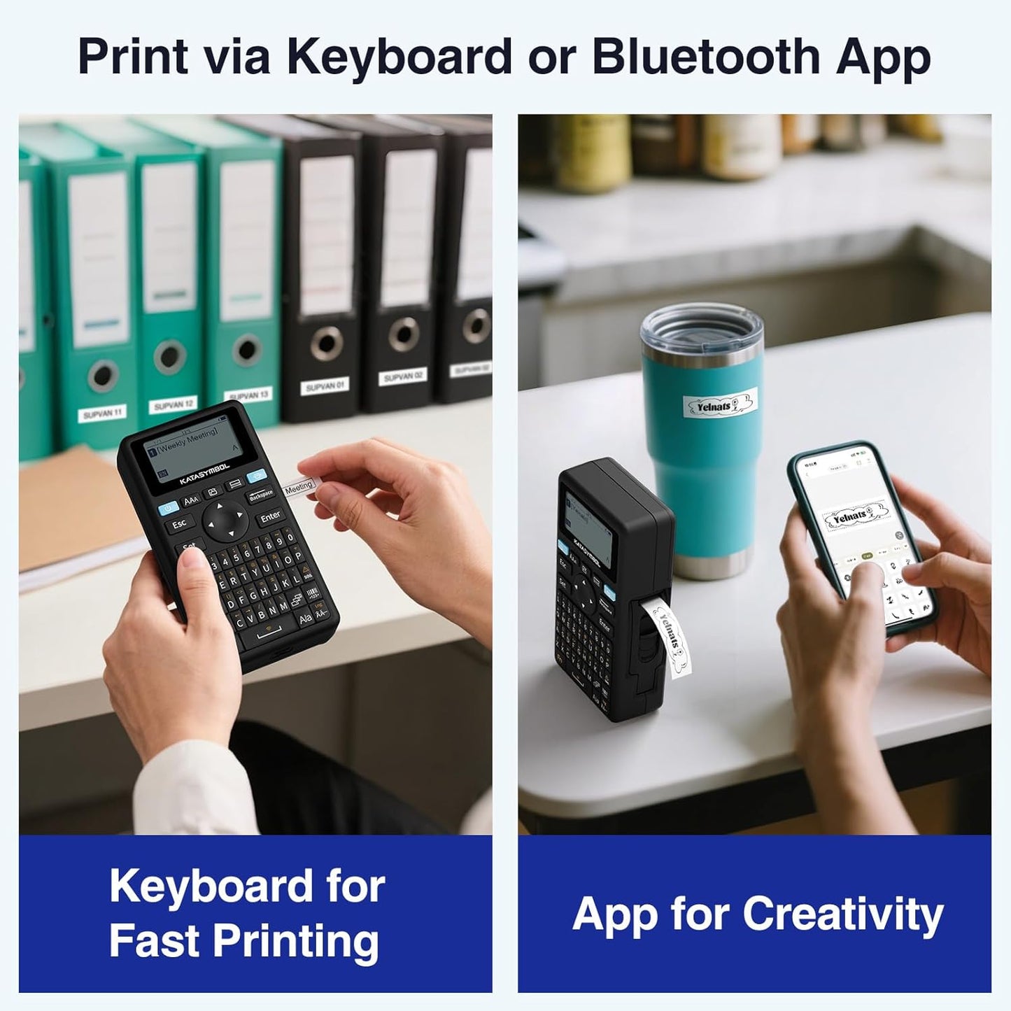 SUPVAN E11 Bluetooth Label Maker Machine with 4 Tapes, Support Keyboard & App with 40 Fonts and 450+ Icons, Rechargeable Inkless Labeler for Home, Kitchen, Office, School, Organization, Black