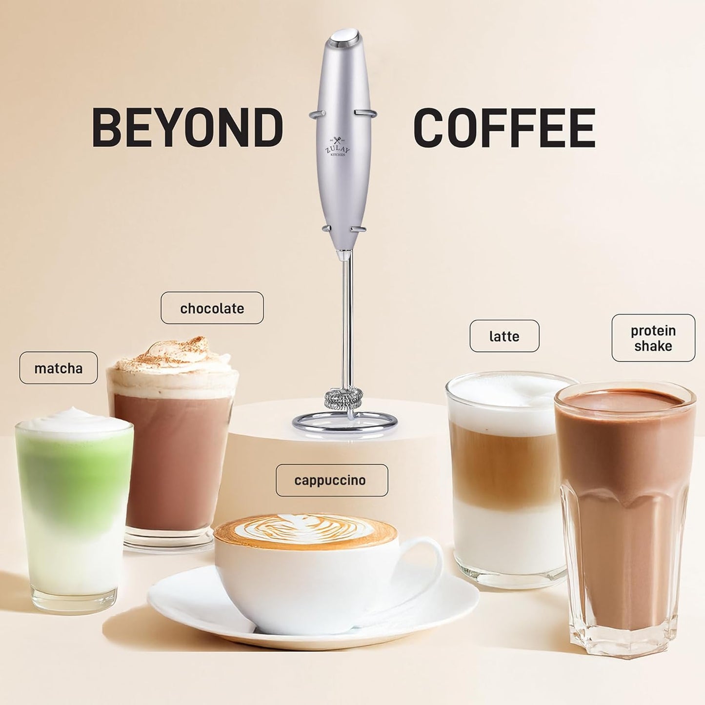 Zulay Kitchen Powerful Double Whisk Milk Frother Handheld - Foam Maker with Stand - Whisk Drink Mixer for Coffee, Mini Foamer for Latte, Matcha, Frappe, Hot Chocolate & Cappuccino (Black)