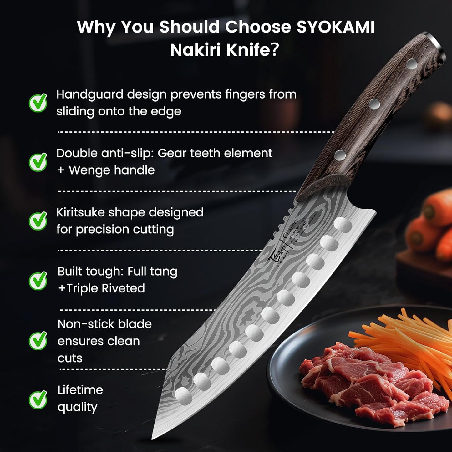 SYOKAMI Meat Cleaver Chef Knife, 7.7 Inch Multifunction Butcher Knife with Herb Stripper and Sheath, Chinese Cleaver Heavy Duty Bone Chopper, Meat Cutting, Damascus Pattern Full Tang Wood Handle